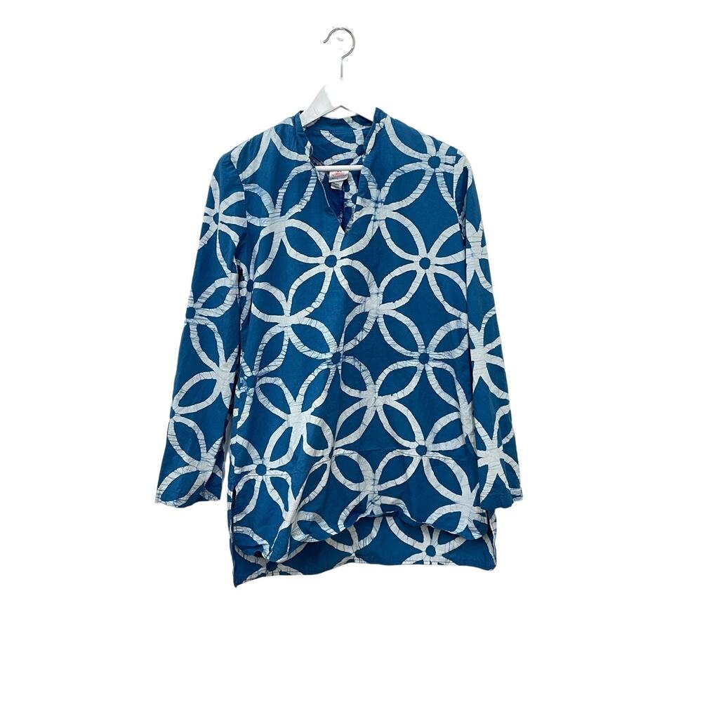 Global Mamas Blue Floral Batik Organic Cotton V-Neck Handmade Tunic Size L